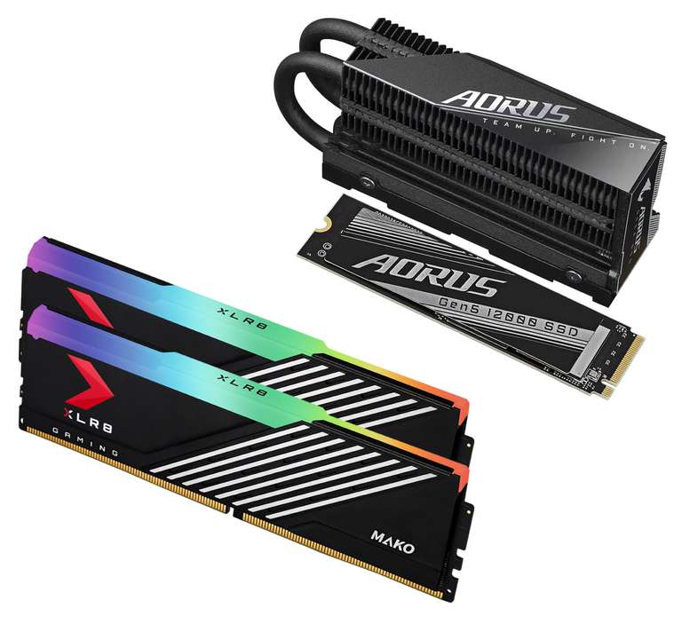 SSD M.2 Gen5 Gigabyte Aorus 12000 (1 To, Dissipateur thermique, 11700-9500 Mo/s) + Kit RAM DDR5 PNY XLR8 MAKO RGB (32 Go, 6400 MHz, CL40)