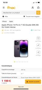 Smartphone 6,1" Apple iPhone 14 Pro 256Go, Violet intense