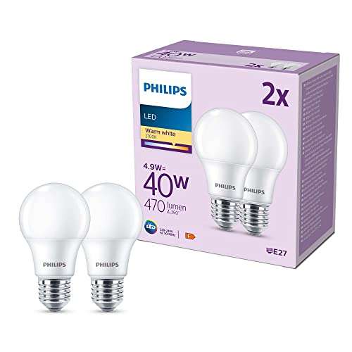 Pack de 2 ampoules LED dépolies Philips - 40W, E27, blanc chaud