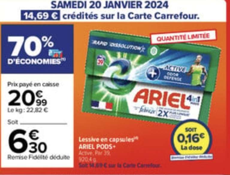 Paquet de lessive en capsules Ariel Pods+ Active - 38 doses, Différentes  variétés (via 14,95€ sur Carte Fidélité et ODR 8,54€) –