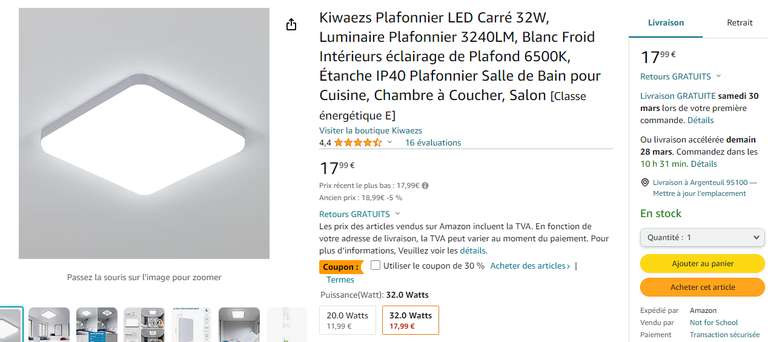Plafonnier LED Carré 32W, étanche 25 x 5,5 x 25 (Via Coupon - Vendeur Tiers)