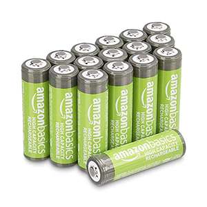Lot de 16 piles rechargeables AA Haute Capacité, 2400 mAh, pré-chargées, Amazon Basics (1,12€ / unité)