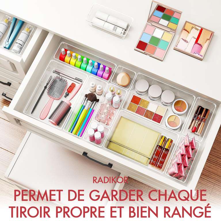 Radikor Lot de 36 Organisateurs de Tiroir, Rangement Tiroir en Plastique Transparent, Bacs de rangement avec 4 Tailles pour salle de bain, coiffeuse, Cuisine, Bureau, Papeterie, per Cosmétiques,Bijoux