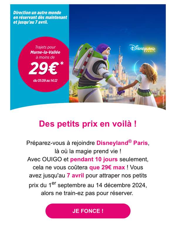 Sélection de trajets vers Disneyland Paris à moins de 29€ pour toutes les gares de départ du 1 Septembre au 14 Décembre