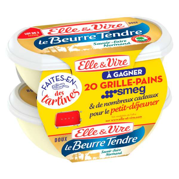 Lot de 4 plaquettes de Beurre Tendre Elle & Vire - Demi sel ou doux