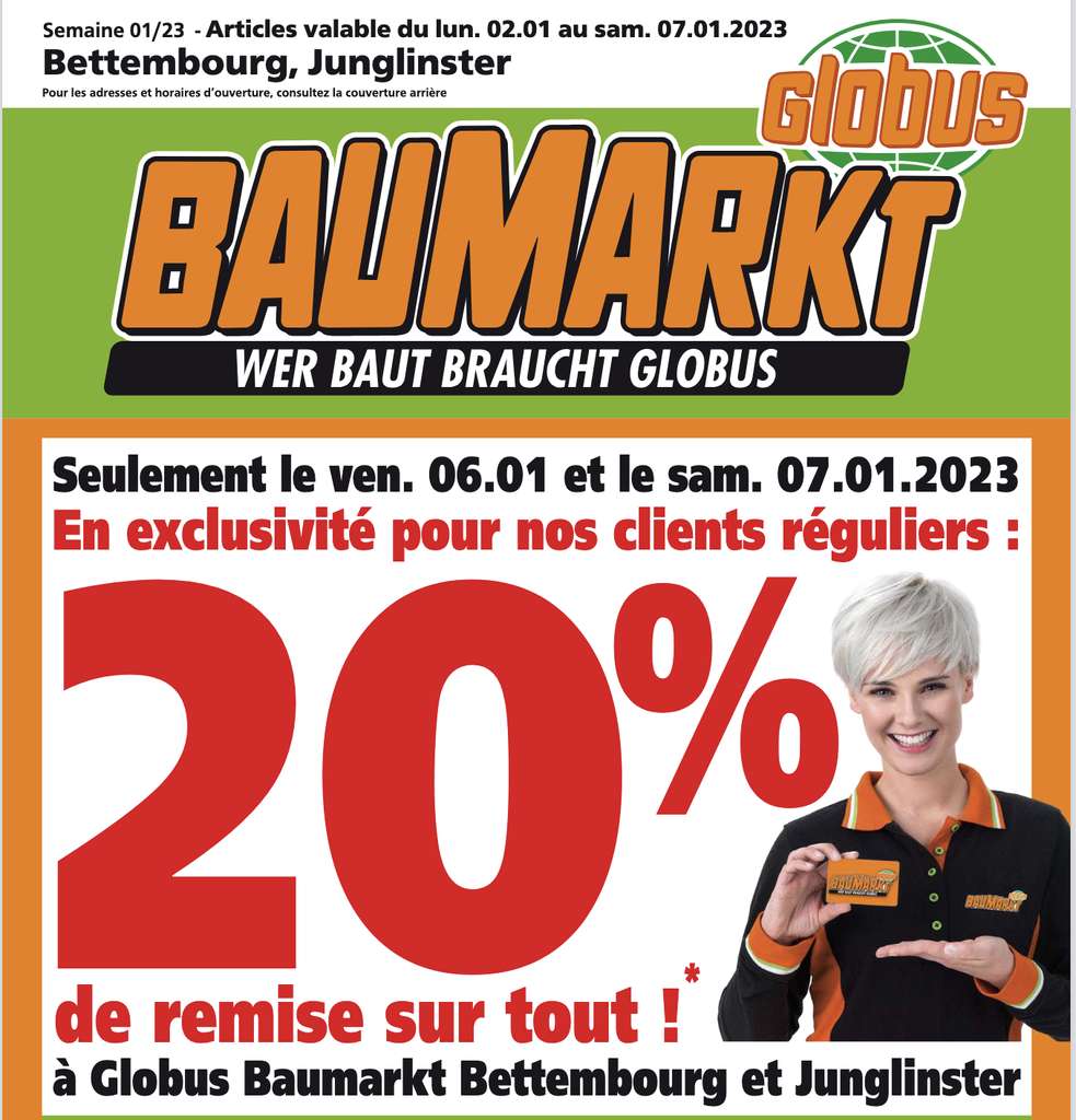 Carte fidélité] 20% de réduction sur tout le magasin (hors exceptions) - Globus Baumarkt (Frontaliers Luxembourg) –
