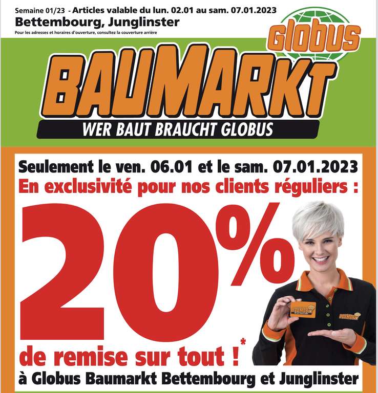 [Carte fidélité] 20% de réduction sur tout le magasin (hors exceptions) - Globus Baumarkt (Frontaliers Luxembourg)