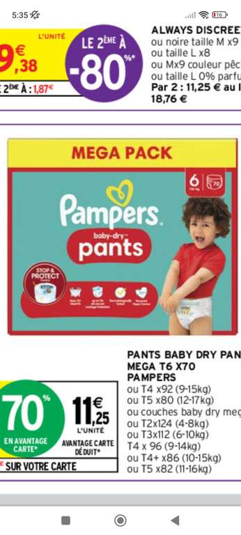 Méga pack Pampers pants Baby dry - Différentes tailles et variétés (via 26,25€ sur carte fidélité et ODR 15€)