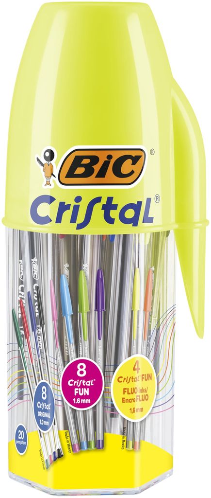 Pot de 20 stylos bille Bic Cristal Original et Bic Cristal Fun, pointes moyenne et large couleurs assorties