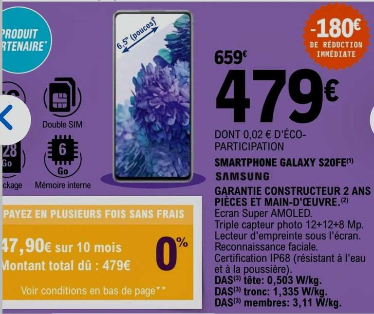 Smartphone 6.5" Samsung Galaxy S20 FE 5G - FHD+ Amoled 120Hz, SnapDragon 865, 6 Go RAM, 128 Go (via ODR de 100€ - Magasins participants)