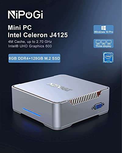 Mini PC NiPoGi GK3 - J4125, RAM 8 Go, 128 Go, Windows 11 Pro, WiFi 2.4/5G, 2 HDMI + 1 VGA, LAN 1000 Mbps (Vendeur tiers)