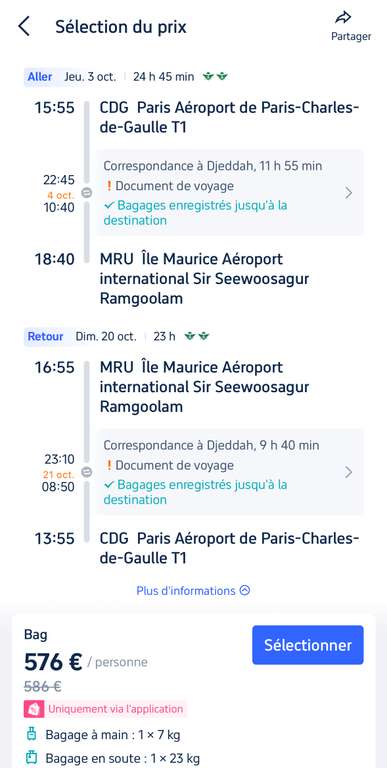Vol A/R Paris (CDG) <-> Île Maurice (MRU) - Du 3 au 20 Octobre (Avec escale, 1 bagage en soute 23 kg inclus)