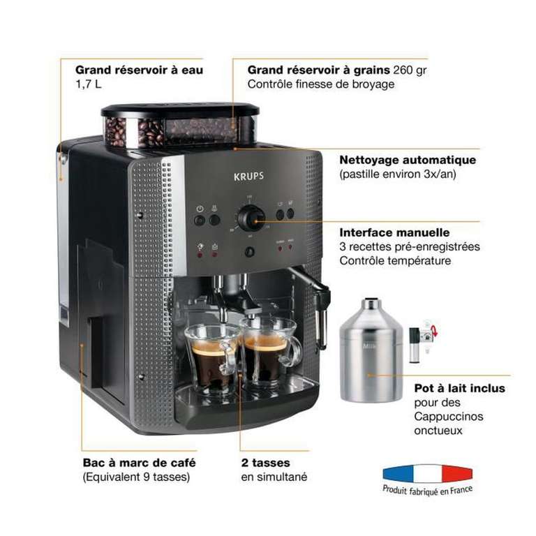Krups Machine à café à grain, Broyeur à grain, Cafetière expresso,  Cappuccino, Espresso, 15 boissons, 2