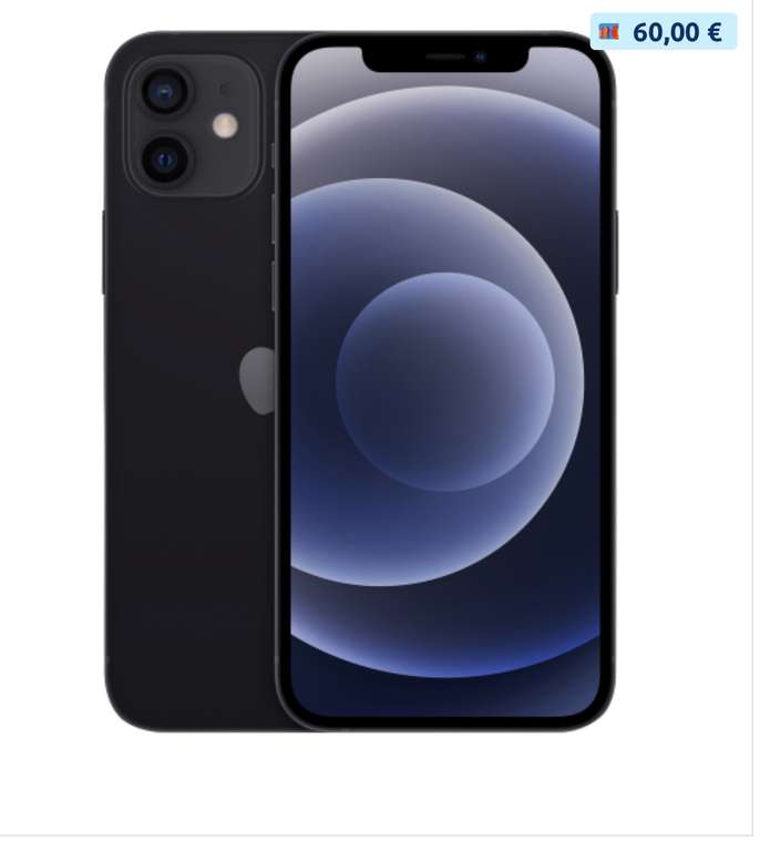 Smartphone 6.1" Apple iPhone 12 - full HD+ Retina, A14, 4 Go de RAM, 64 Go, Noir (via 60€ sur la carte fidélité)