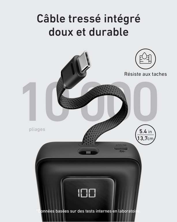 Batterie Externe Anker Zolo 10000mAh 30W - Avec Câble USB-C Intégré - Recharge Rapide IPhone 16, MacBook, Galaxy - Compacte