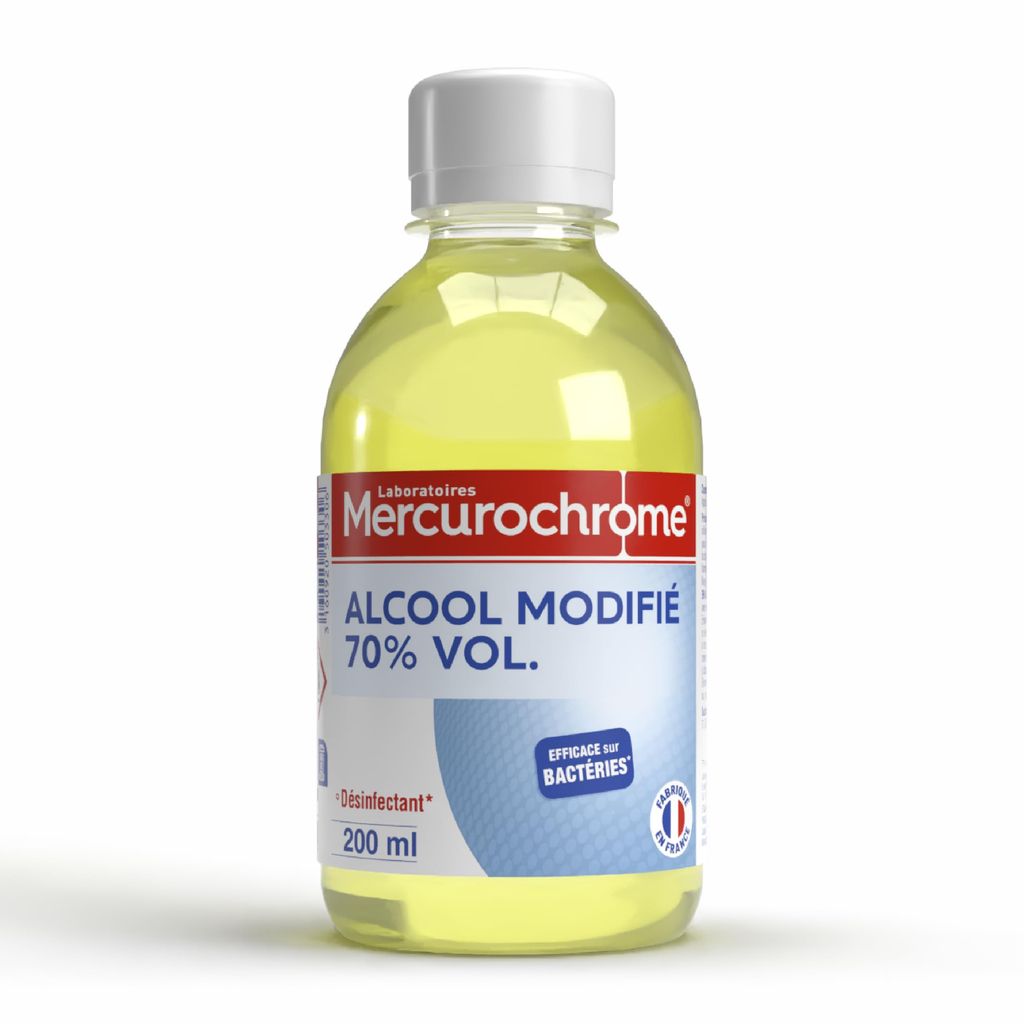 Alcool modifié 70° Mercurochrome Nettoie et Désinfecte la Peau - 200 ml