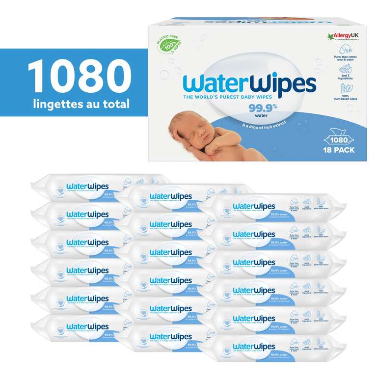 Lot de 18 paquets de lingettes Bébés Waterwipes (1080 Unités)