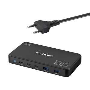 Station de charge Blitzwolf BW-i100 - 120W, GaN Tech, 5 ports (2x USB-A + 3x USB-C), Quick Charge 3.0 & Power Delivery 3.0