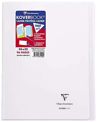 Cahier agrafé Clairefontaine Koverbook Incolore 981420SC - 24 x 32 cm, 96 Pages Grands Carreaux (plusieurs coloris)