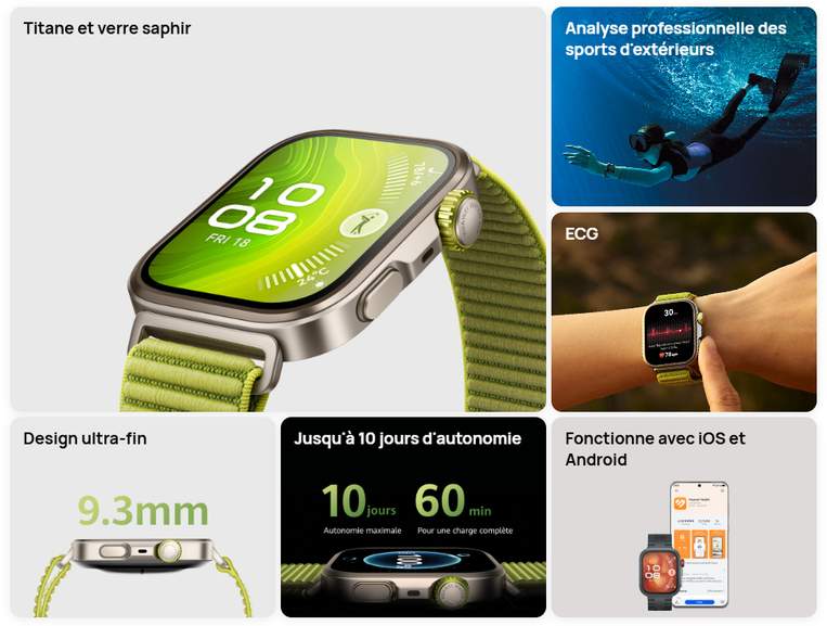 Montre Huawei Watch Fit 4 Pro (Titane, Verre Saphir) à 249,99€ | Dealabs