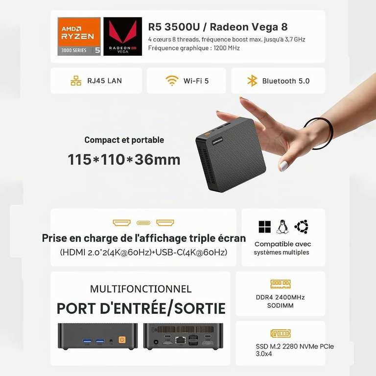 Mini PC Origimagic C5 Ryzen 5 3500U, 8 Go DDR4, 256 Go NVMe, WiFi 5 BT ...