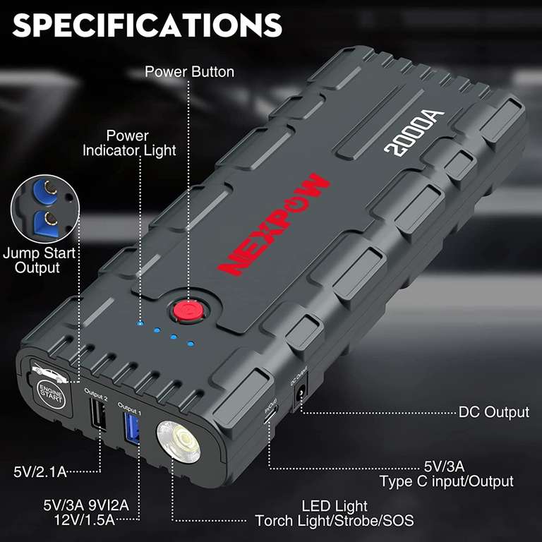 Booster batterie de Voiture NEXPOW - 2000A, 12V, Lampe à LED (Vendeur tiers - via coupon)