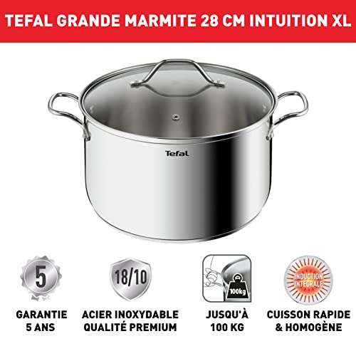 Grande marmite inox Tefal Intuition XL - 28 cm / 8 L, Induction, Garantie 5 ans, Acier inoxydable 18/10
