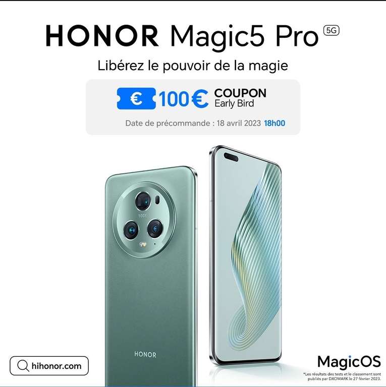 Smartphone 6.81" Honor Magic5 Pro (FHD+ 120 Hz, Snapdragon 8 Gen2, RAM 12 Go, 512 Go) + Tablette 12" Honor Pad 8 offerte