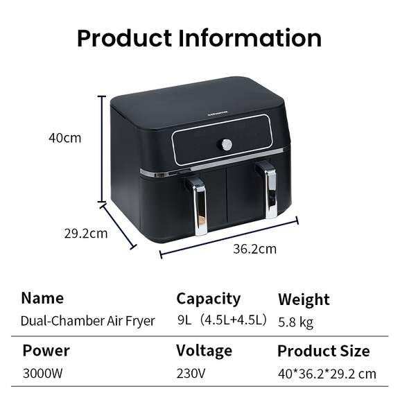 YASHE Dual Zone Air Fryer 9L Friteuse Sans Huile 2 Tiroirs - Écran Tactile 8 Programmes Match Cook Smart Finish