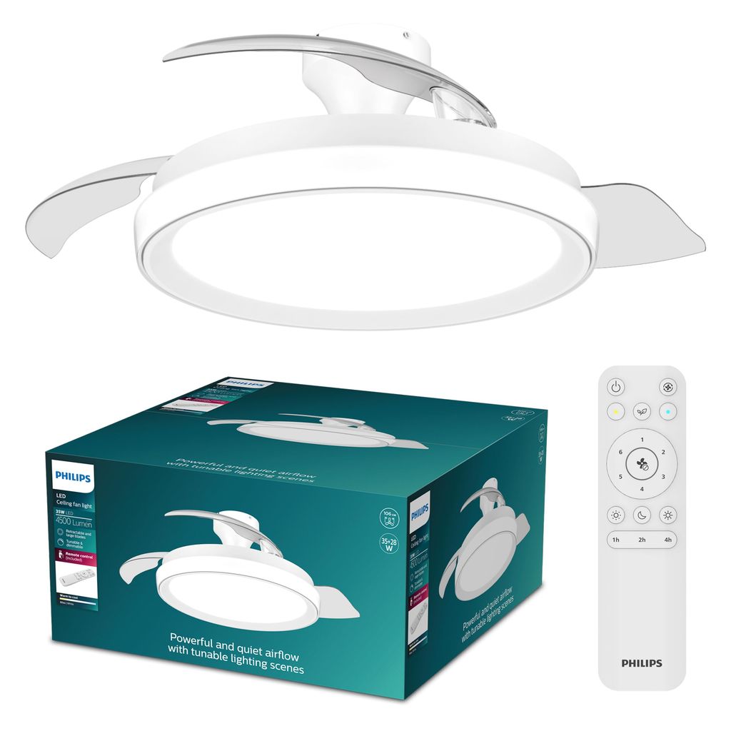 Ventilateur Rétractable Bliss Philips LED, 106 cm, Éclairage LED Intégré + Télécommande (avec mode Été / Hiver)