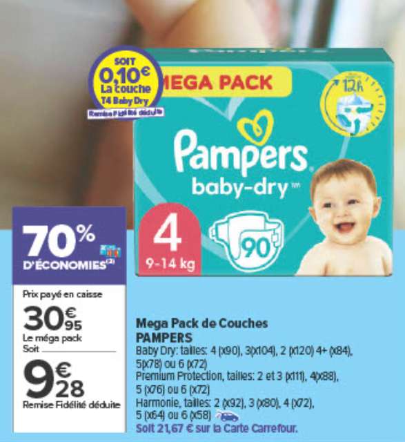 Méga pack de couches Pampers baby-dry T4 - 90 couches, Différentes tailles/variétés (via 21,67€ sur Carte Fidélité et ODR 12,38€)
