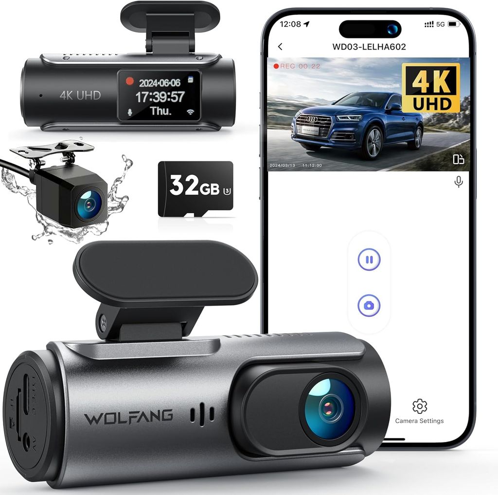 Dashcam Avant Arrière Wolfang 4K - Wi-FI ,Carte SD 32G, 170°, G-Capteur, Mode Stationnement 24H, Vision Nocturne, Enregistrement en Boucle