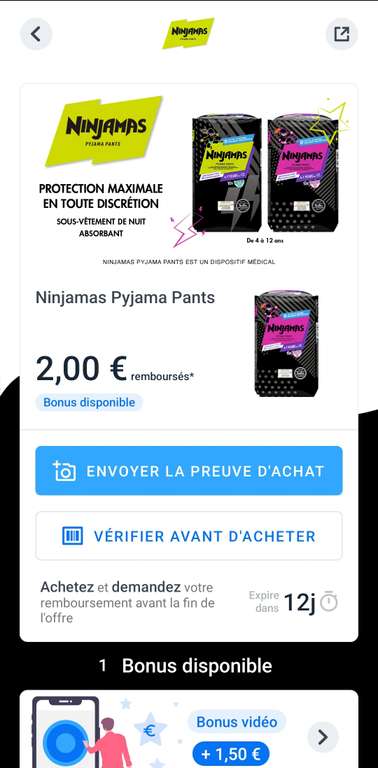 1 Paquet de Couches Pampers Ninjamas Pyjama Pants (via ODR de 3 et 2€)