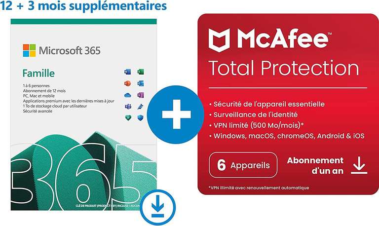 Abonnement 15 Mois Microsoft 365 Famille - 6 utilisateurs + 12 Mois McAfee Total Protection PC/Mac/Tablette/Smartphone (Dématérialisé)