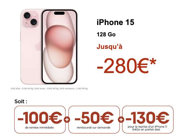 [Clients Free] Smartphone 6,1" Apple iPhone 15 128Go (via 50€ d'ODR + jusqu'à 130€ de bonus reprise)