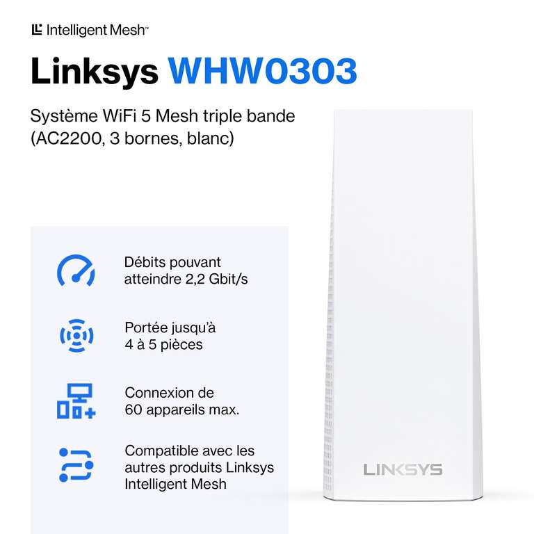 Pack de 3 Amplificateurs de Signal Linksys Système Wi-Fi 5 Mesh Triple Bande Velop Whw0303 Ac2200 - Routeur Wlan (Vendeur tiers)