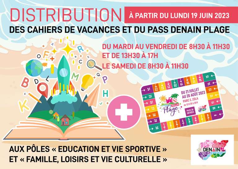 [Habitants] Distribution gratuite de cahiers de vacances (maternelle à 6ème) et du Pass Denain Plage (30 entrées) - Denain (59)