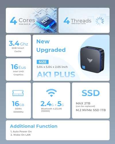 60€ sur Mini PC NiPoGi-AK1 Plus, Intel Alder Lake N95 (3.4GHz), 16Go RAM +  512 Go SSD, 4K UHD, Windows 11 Pro, Noir - Mini-PC - Achat & prix
