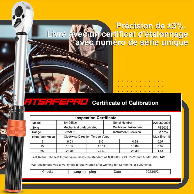 Cles Dynamometrique Clé Dynamométrique Atsafepro 3/8 - Précision ±3% - 5-60 Nm - 72 Dents - Pour Vélo, Moto, Voiture - Outil Pro Clé Couple Vélo Moto