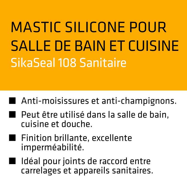 Lot de 2 SikaSeal 108 Sanitaire (1 Blanc et 1 transparent) , Mastic Cuisine & Salle de Bain Anti-Moisissures - 300ml