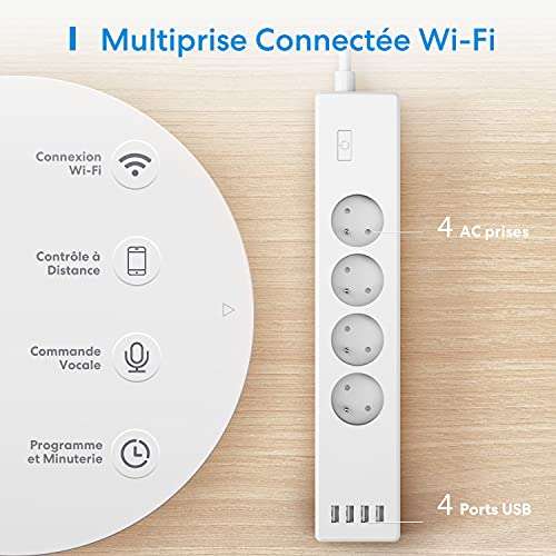 Multiprise connectée WiFi Meross (2400W 10A) - 4 Prises + 4 USB, Compatible Alexa & Google Assistant (Vendeur tiers)