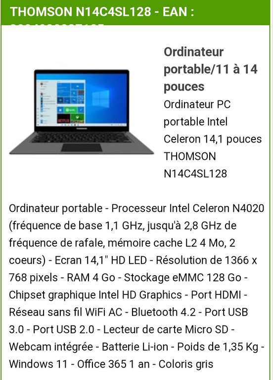 Pc Portable Thomson n14c4sl128, Celeron N4020, 4 Go Ram, 128 Go SSD, Windows 11 S - Azerty