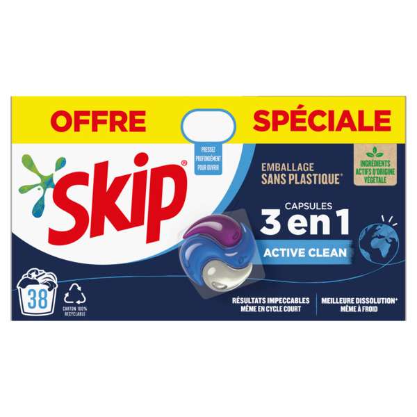 Boîte de 38 capsules de Lessive Skip Ultimate Trio Active Clean (via 11,60€ sur la carte de fidélité)