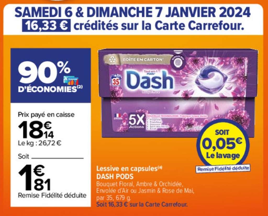 Lessive en capsule Dash pods (via 16.33€ sur la carte) –