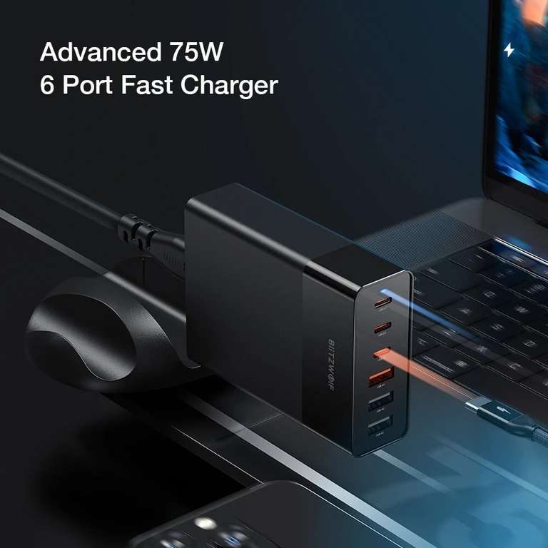 Chargeur avec support BlitzWolf BW-S25 - 75W, 6 ports (3 USB-C et 3 USB-A), charge rapide (Entrepôt Espagne)