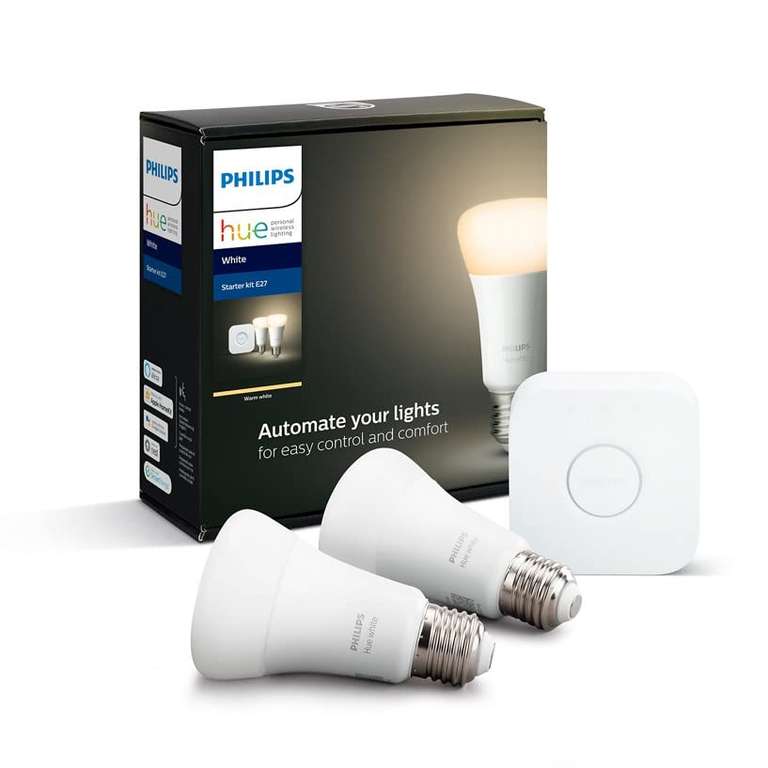 Kit de démarrage Philips Hue White - 2 ampoules connectées E27 1100 Lumens + Pont Hue Bridge