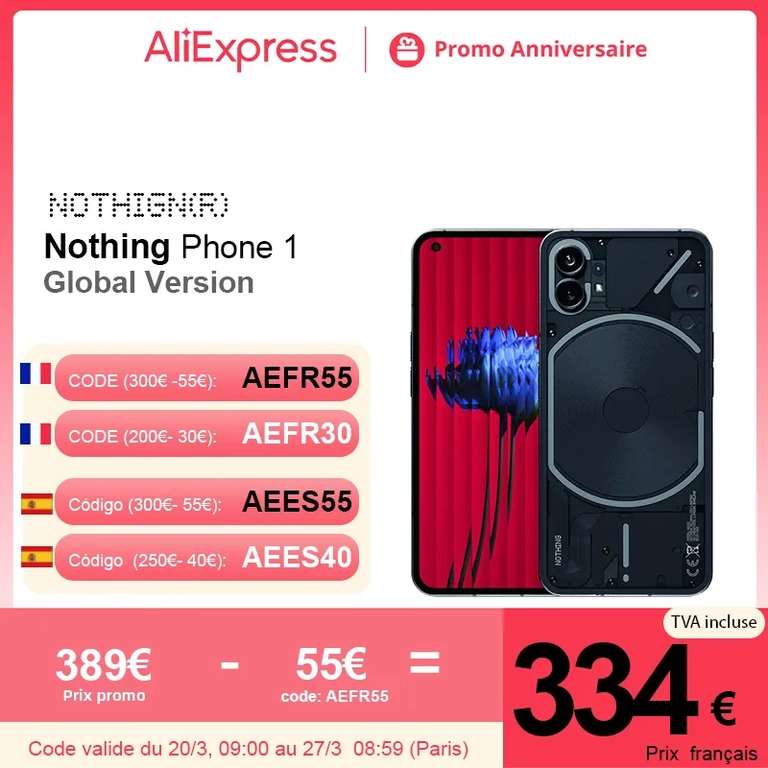 Smartphone 6.55" Nothing Phone 1 - OLED FHD+ 120 Hz, Snapdragon 778G+, RAM 8 Go, 128 Go, 50+50 MP, Charge 33W, 4500 mAh (Entrepôt France)