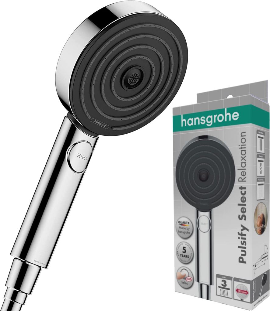 Pommeau de Douche Hansgrohe Pulsify Select S - Douchette à Main 105 mm Diamètre, 3 Types de Jet (Relaxation), Chromé