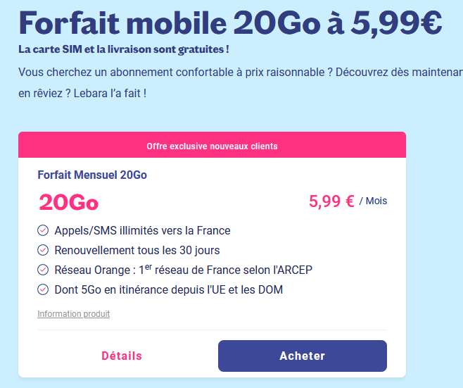 Nouveaux clients] Forfait mobile 20Go à 5,99€ - Lebara Mobile Réseau Orange  (lebara.fr) –