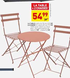 Table (⌀ 60cm) + 2 chaises - en acier, divers coloris